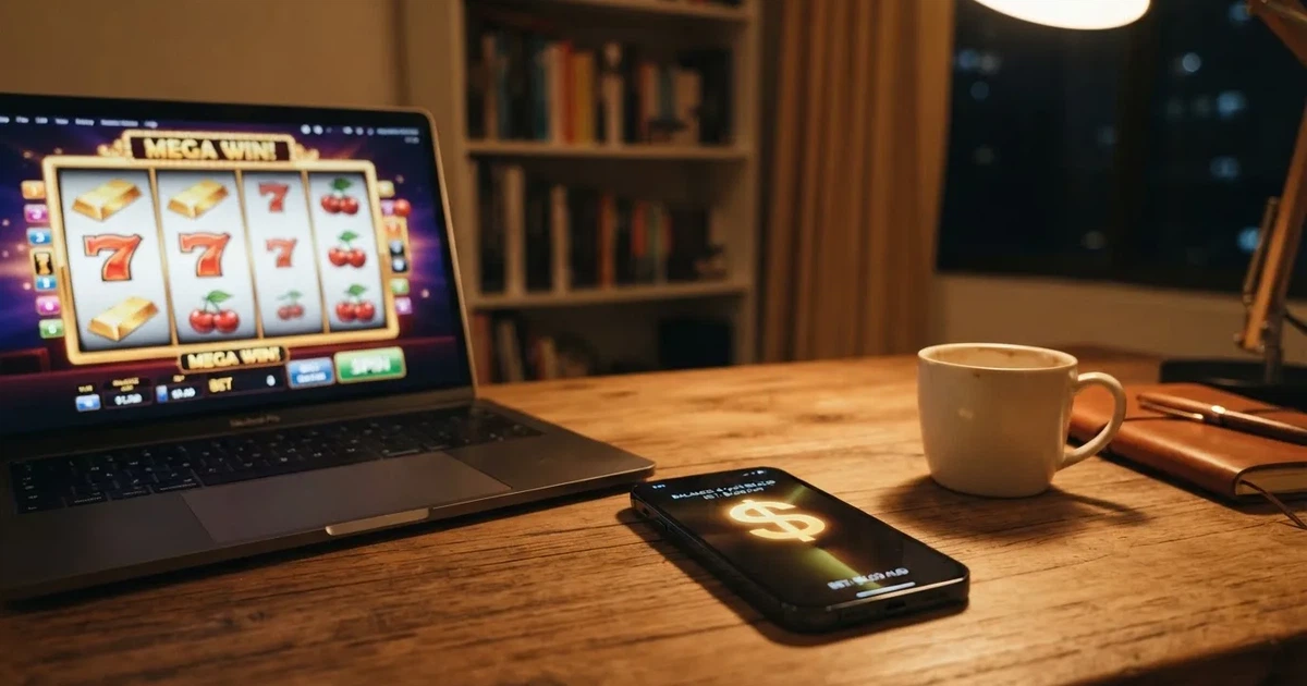 Close-up of a smartphone banking app open beside a laptop on a home desk, mid-transfer.