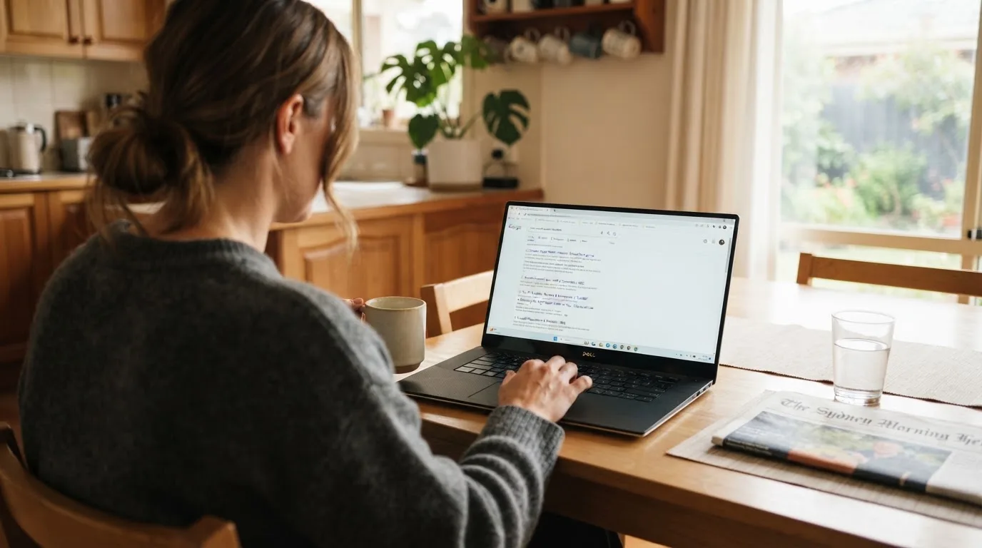 A person sits at a kitchen table, scrolling a laptop showing a general search results page about e-wallet options.