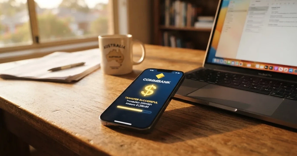 Close-up of a smartphone banking app open beside a laptop on a home desk, mid-transfer.