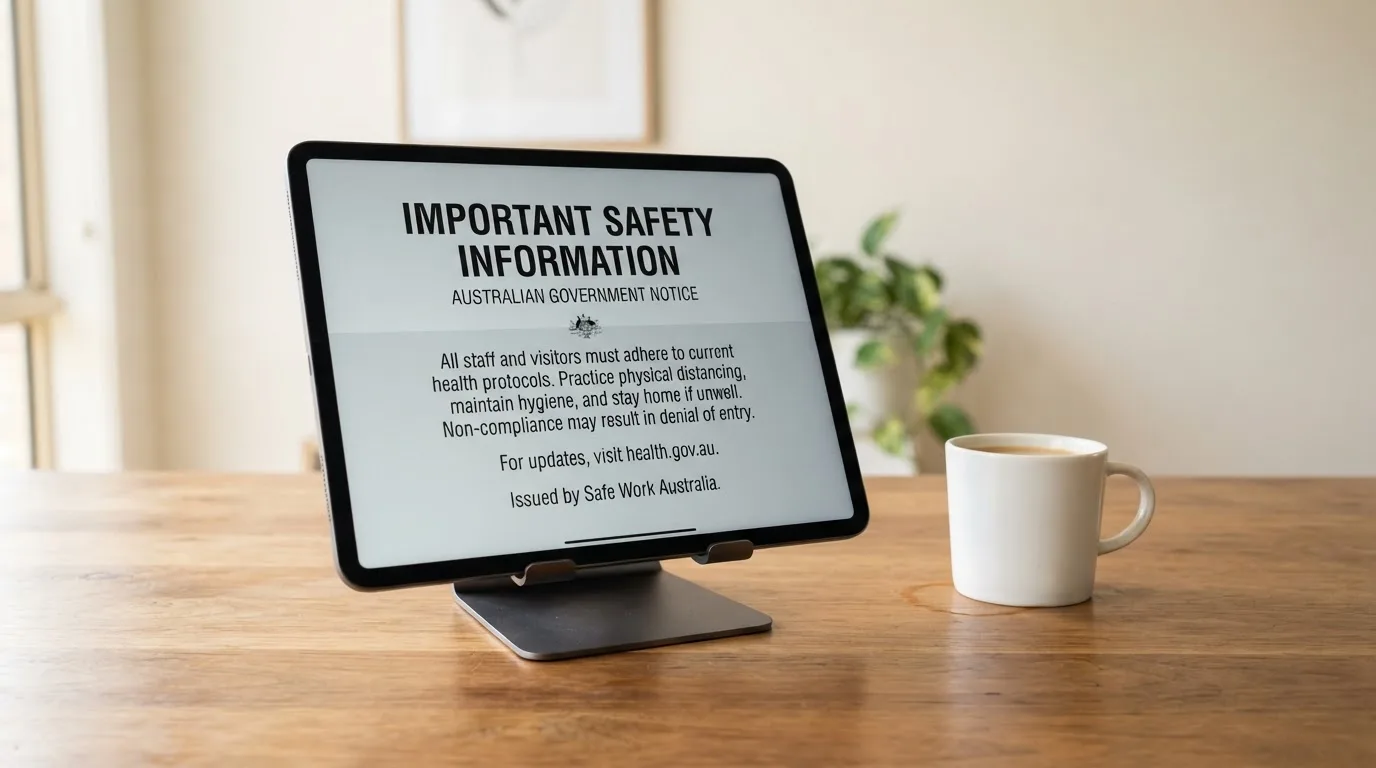 A tablet on a desk displays a plain government-style warning notice page, with a coffee cup beside it.