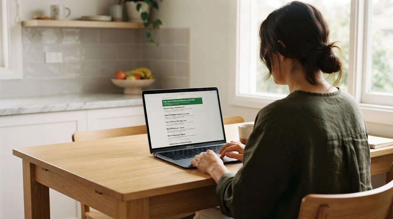 A person sits at a kitchen table, scrolling a laptop showing a general search results page about withdrawal speed.