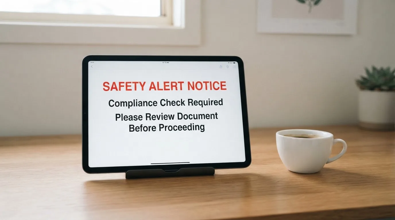 A tablet on a desk displays a plain government-style warning notice page, with a coffee cup beside it.