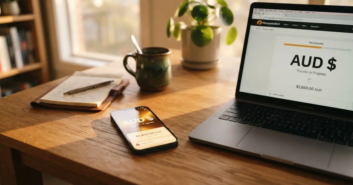 Close-up of a smartphone banking app open beside a laptop on a home desk, mid-transfer.