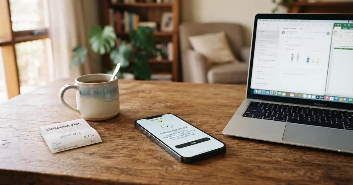 Close-up of a smartphone banking app open beside a laptop on a home desk, mid-transfer.