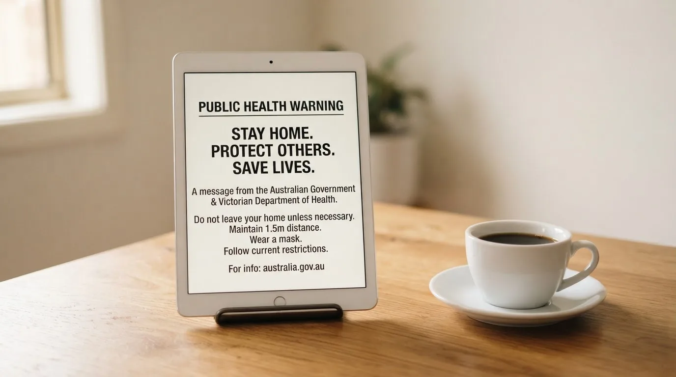 A tablet on a desk displays a plain government-style warning notice page, with a coffee cup beside it.