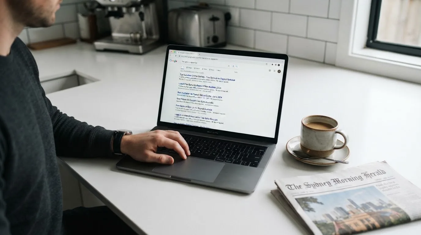 A person sits at a kitchen table, scrolling a laptop showing a general search results page about free spins offers.