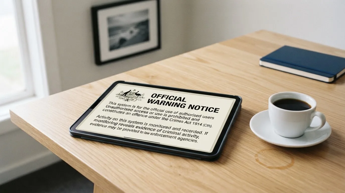 A tablet on a desk displays a plain government-style warning notice page, with a coffee cup beside it.