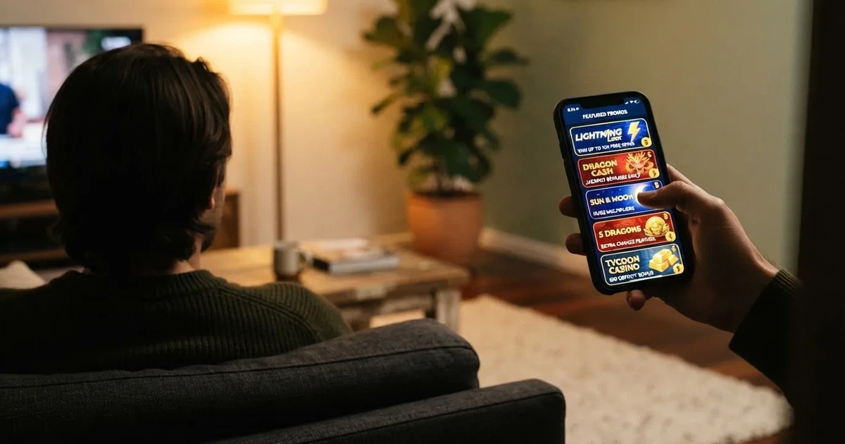 A phone screen shows a list of promotional bonus tiles as someone scrolls with one thumb on a couch.