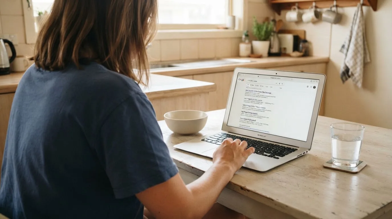 A person sits at a kitchen table, scrolling a laptop showing a general search results page about pokies deposit options.
