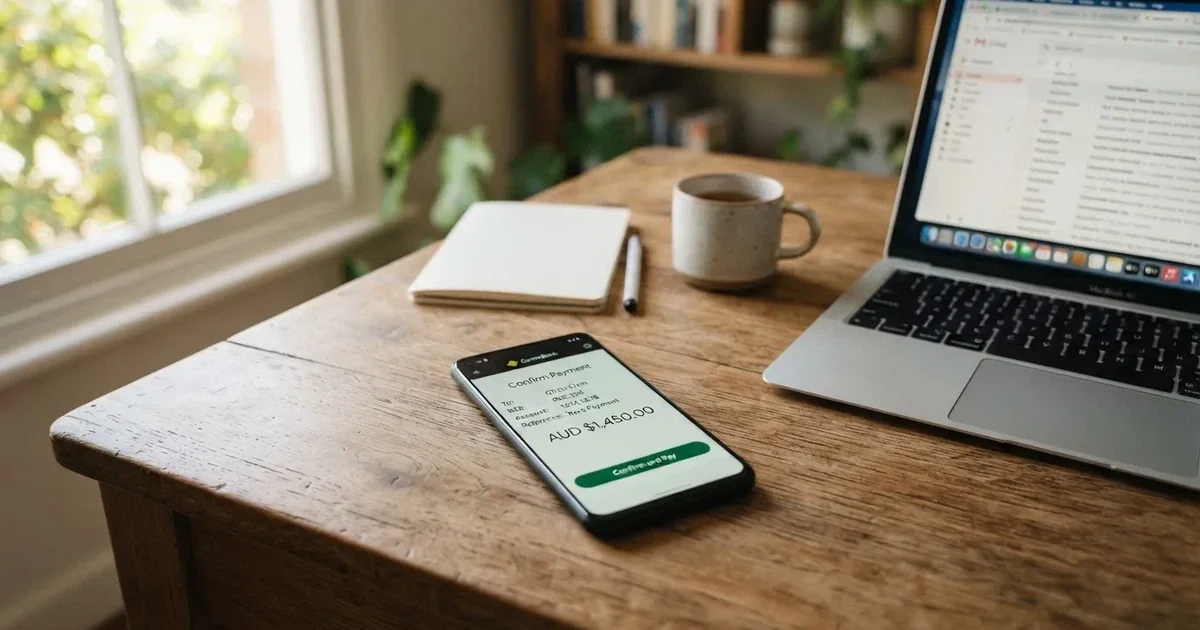 Close-up of a smartphone banking app open beside a laptop on a home desk, mid-transfer.