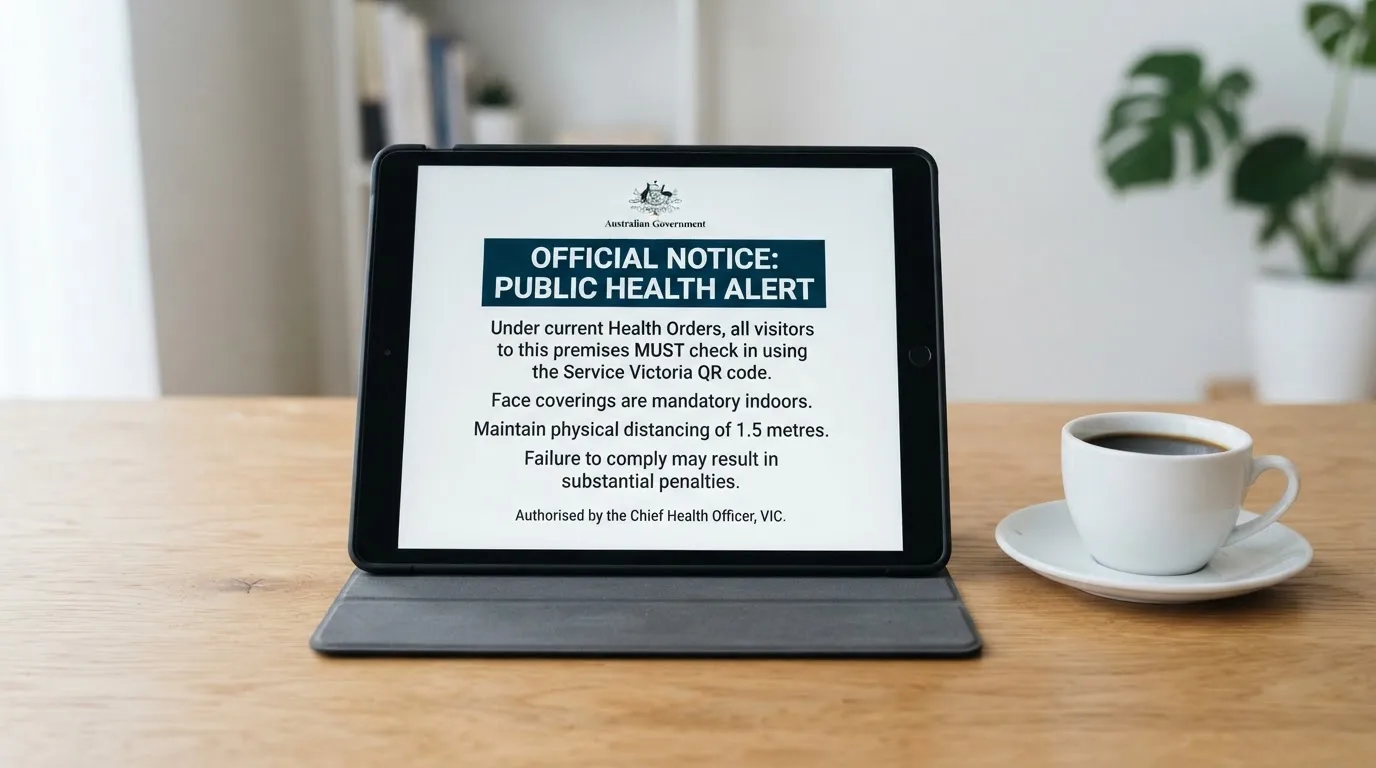 A tablet on a desk displays a plain government-style warning notice page, with a coffee cup beside it.