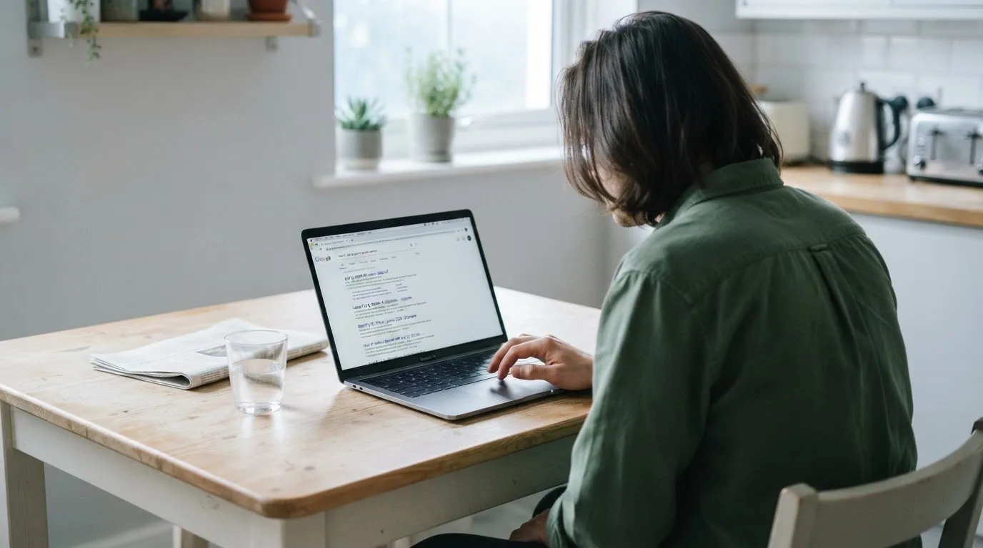 A person sits at a kitchen table, scrolling a laptop showing a general search results page about phone-bill deposits.