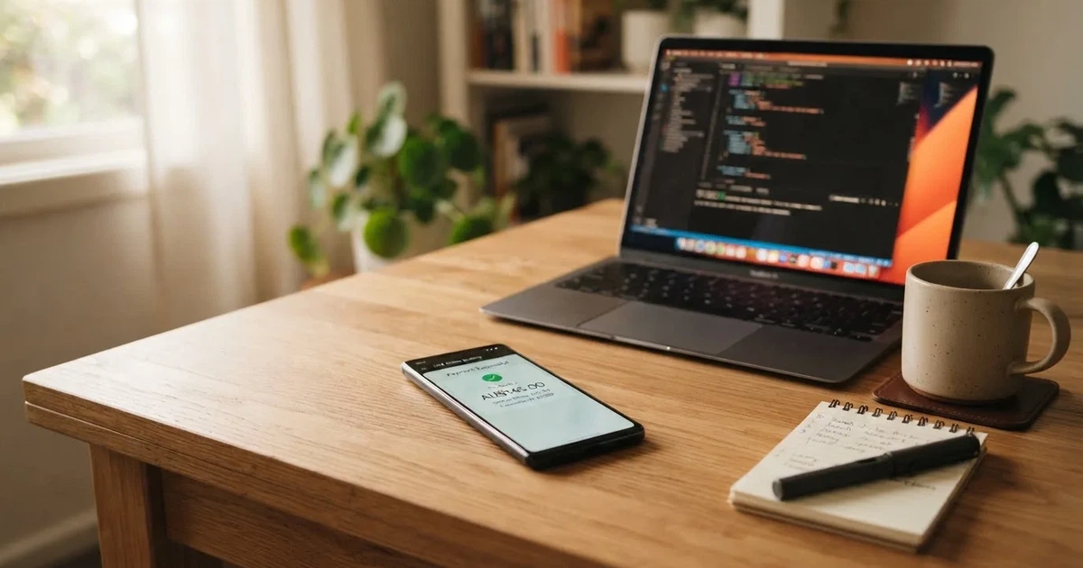 Close-up of a smartphone banking app open beside a laptop on a home desk, mid-transfer.
