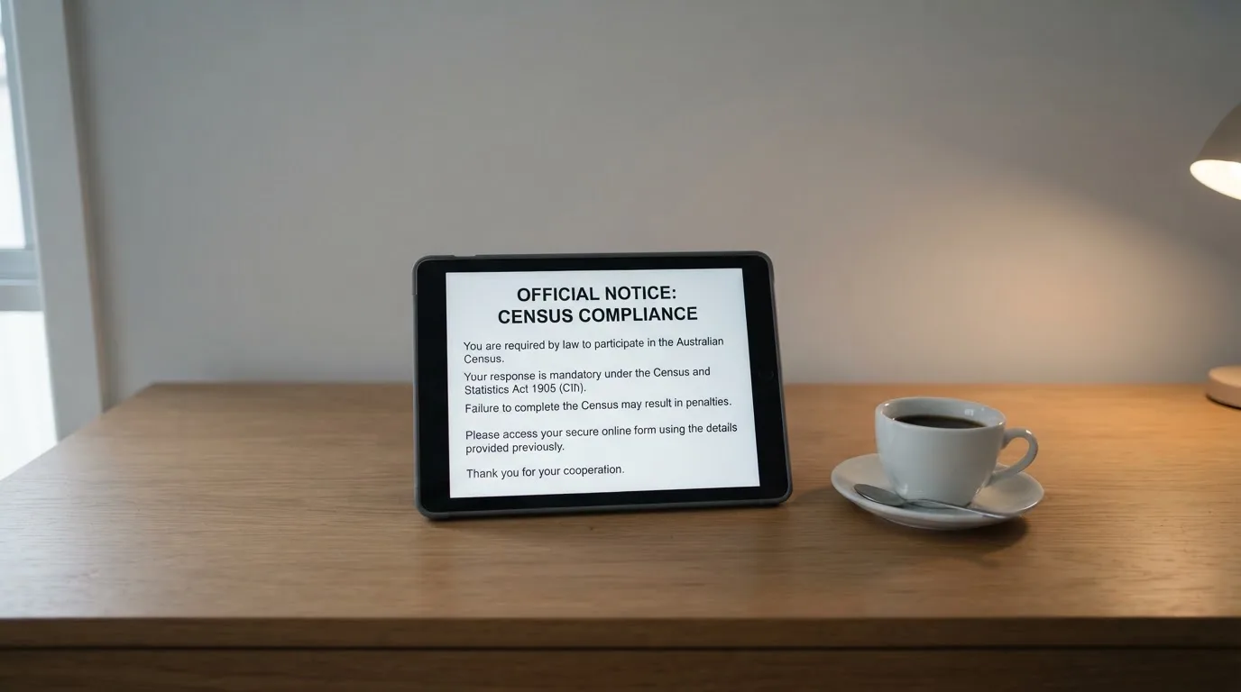 A tablet on a desk displays a plain government-style warning notice page, with a coffee cup beside it.