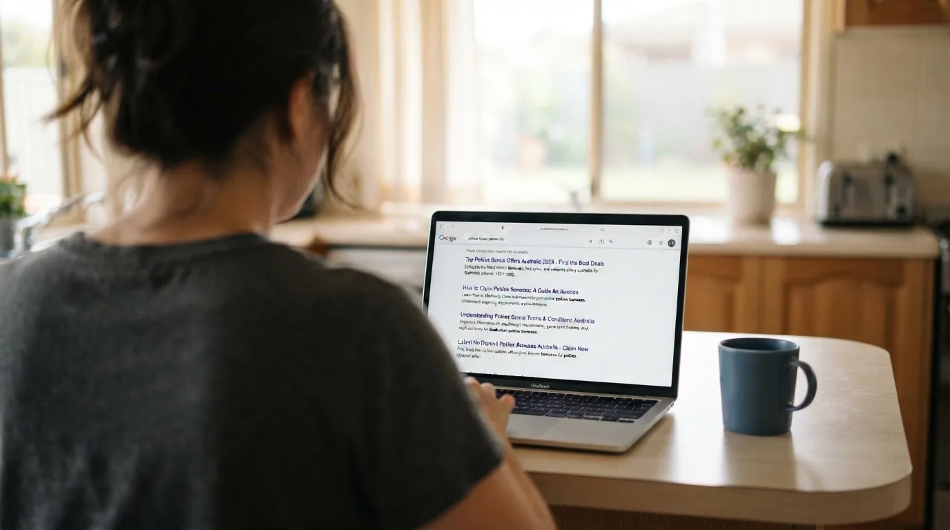 A person sits at a kitchen table, scrolling a laptop showing a general search results page about pokies bonus claims.