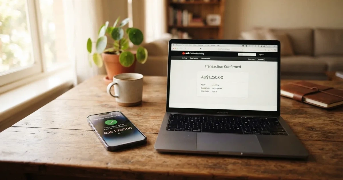 Close-up of a smartphone banking app open beside a laptop on a home desk, mid-transfer.