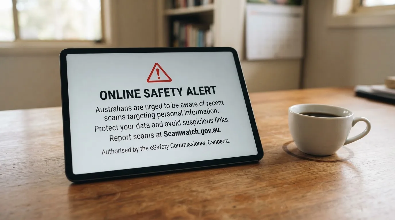 A tablet on a desk displays a plain government-style warning notice page, with a coffee cup beside it.