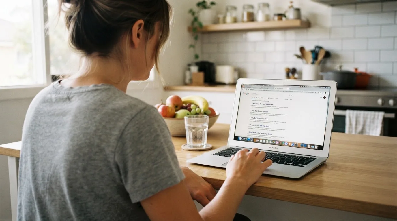 A person sits at a kitchen table, scrolling a laptop showing a general search results page about the Plinko game.