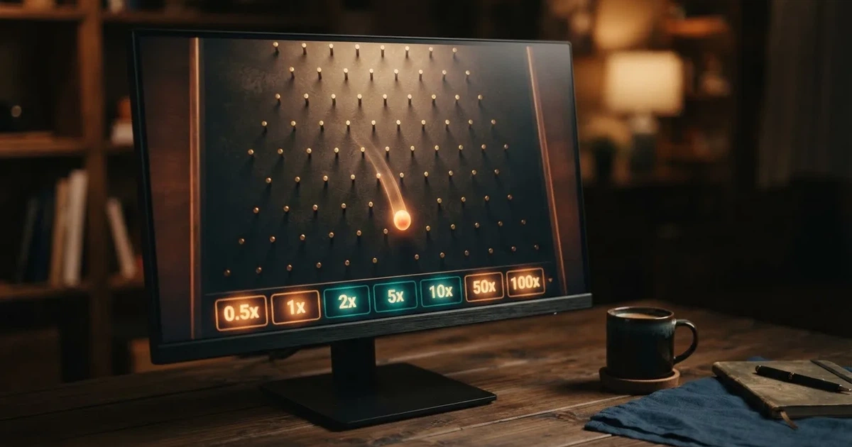 A close-up of a Plinko-style game board with pegs and multiplier slots shown on a monitor.