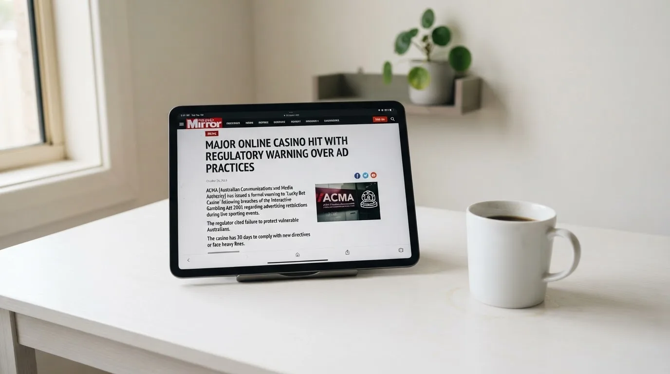 A tablet on a desk displays a plain government-style warning notice page, with a coffee cup beside it.