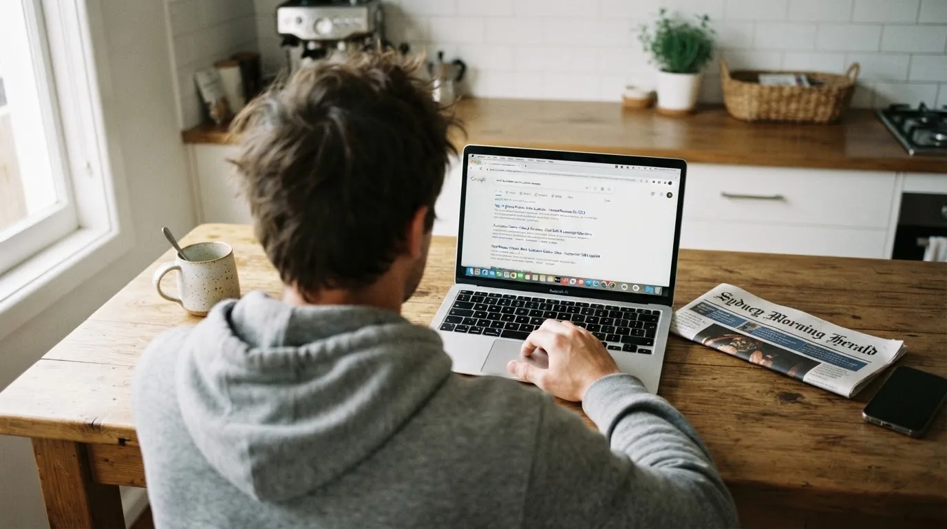 A person sits at a kitchen table, scrolling a laptop showing a general search results page about a review of a pokies site.