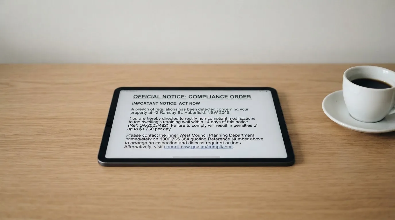 A tablet on a desk displays a plain government-style warning notice page, with a coffee cup beside it.