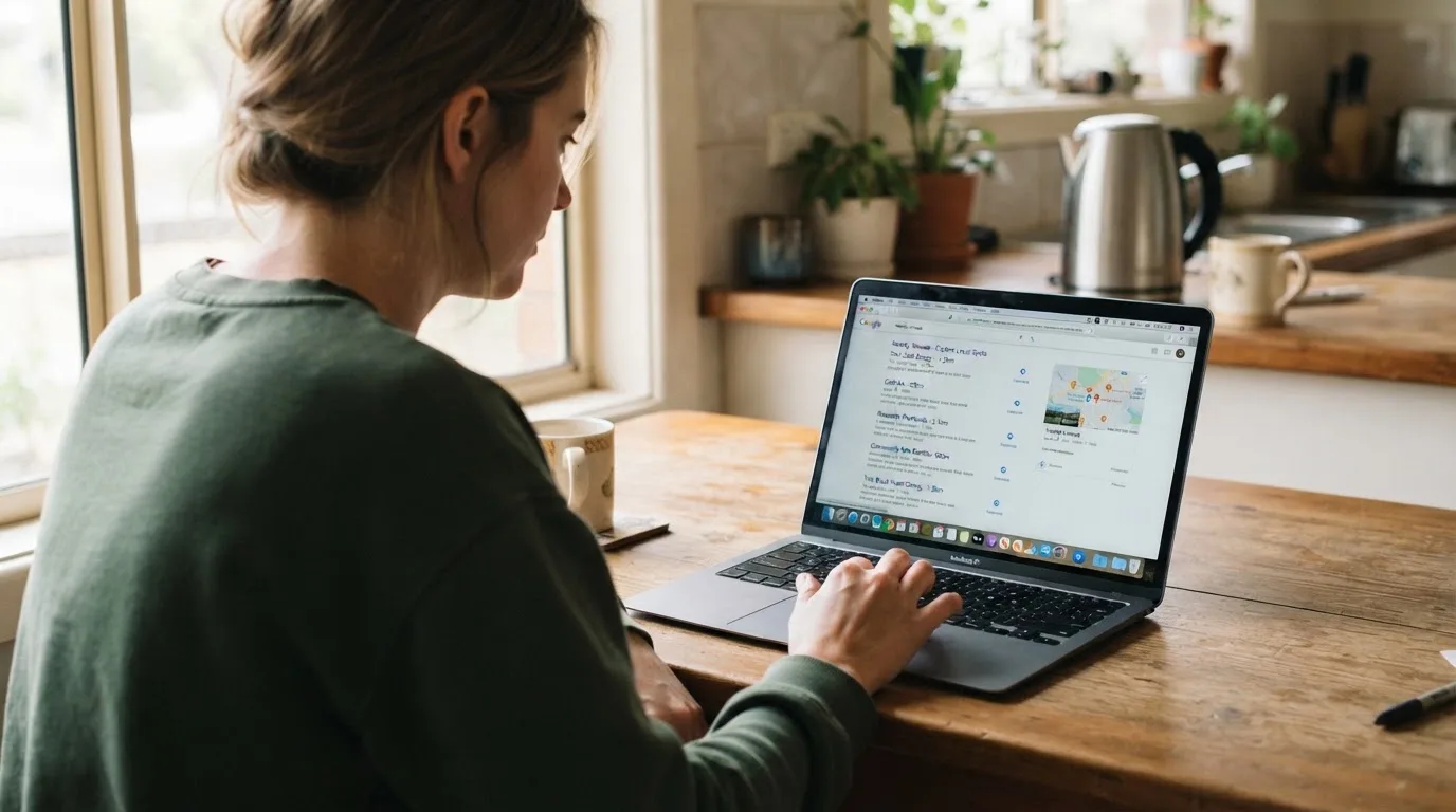 A person sits at a kitchen table, scrolling a laptop showing a general search results page about nearby venues.