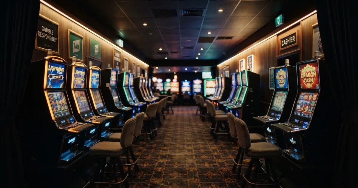 The interior of an Australian pub gaming room with rows of poker machines under dim lighting, no patrons visible.