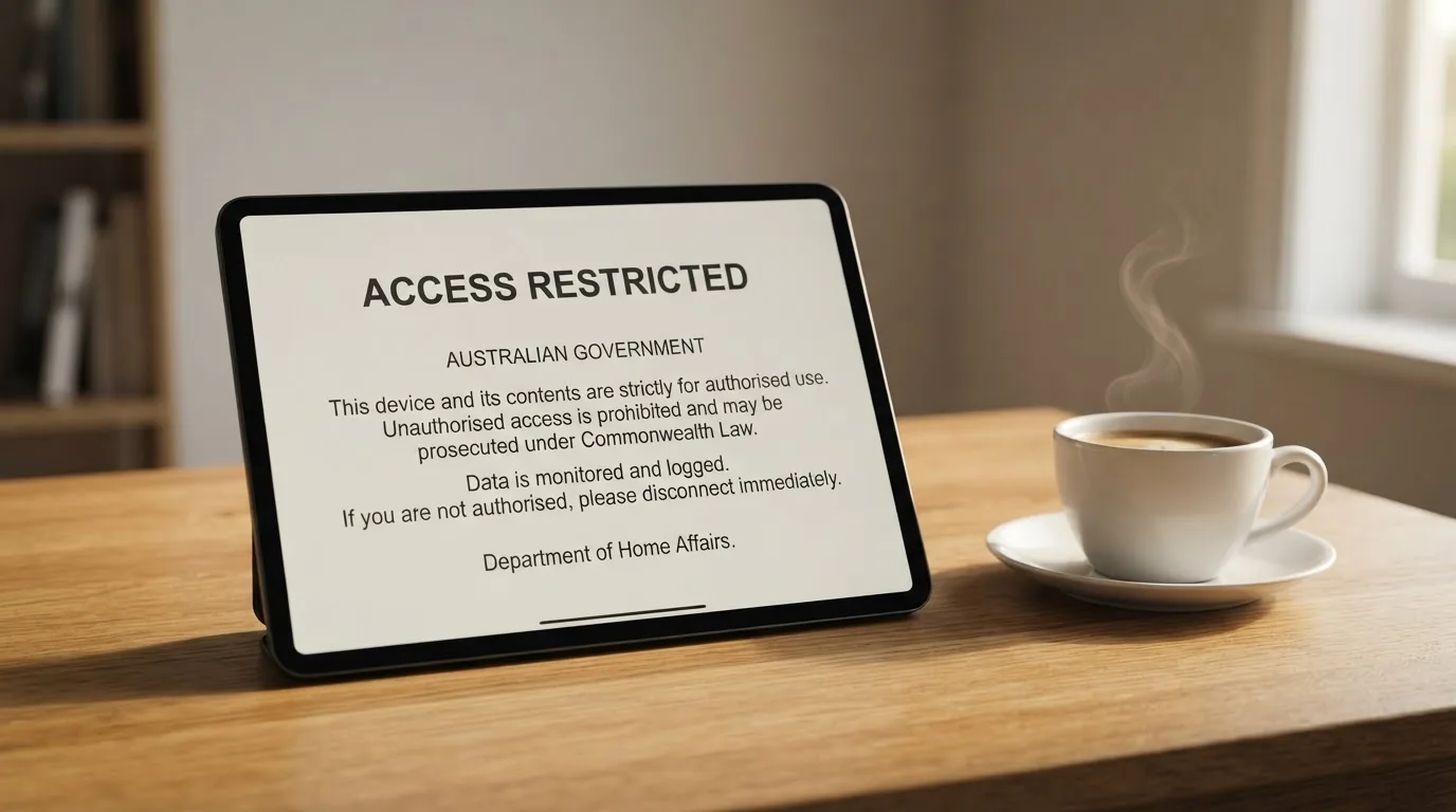 A tablet on a desk displays a plain government-style warning notice page, with a coffee cup beside it.