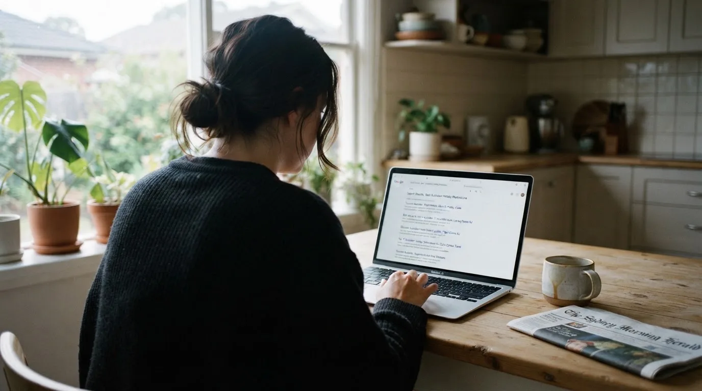 A person sits at a kitchen table, scrolling a laptop showing a general search results page about a review of a pokies site.