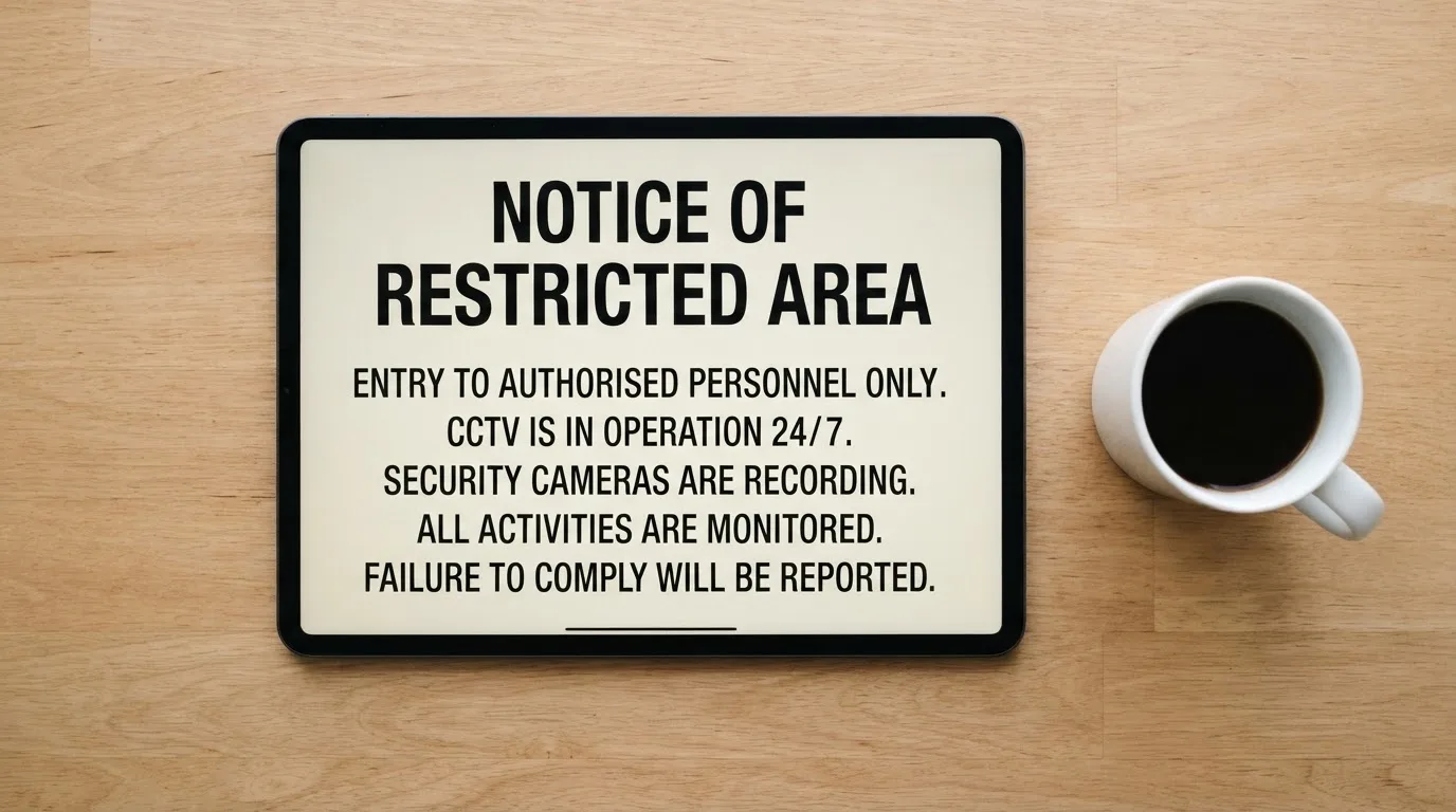 A tablet on a desk displays a plain government-style warning notice page, with a coffee cup beside it.