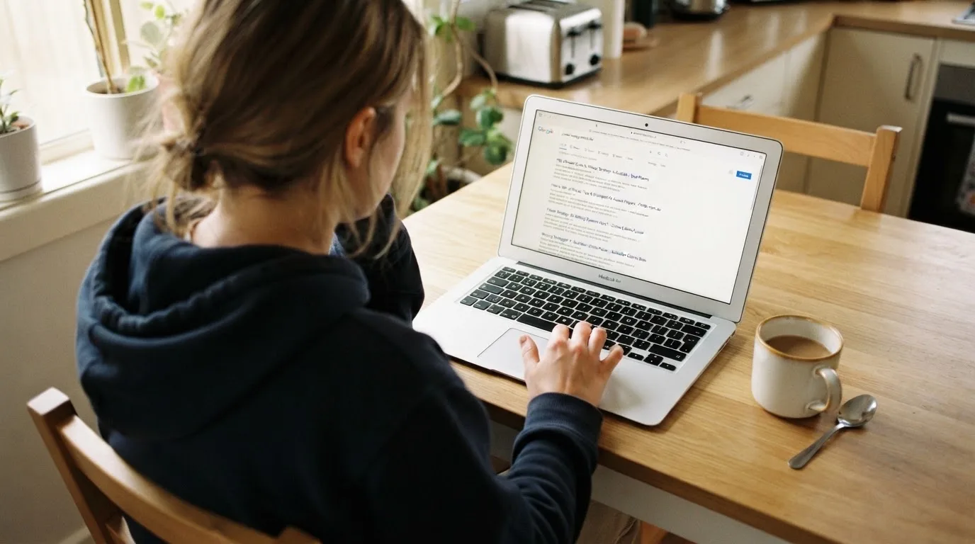 A person sits at a kitchen table, scrolling a laptop showing a general search results page about pokies strategy articles.