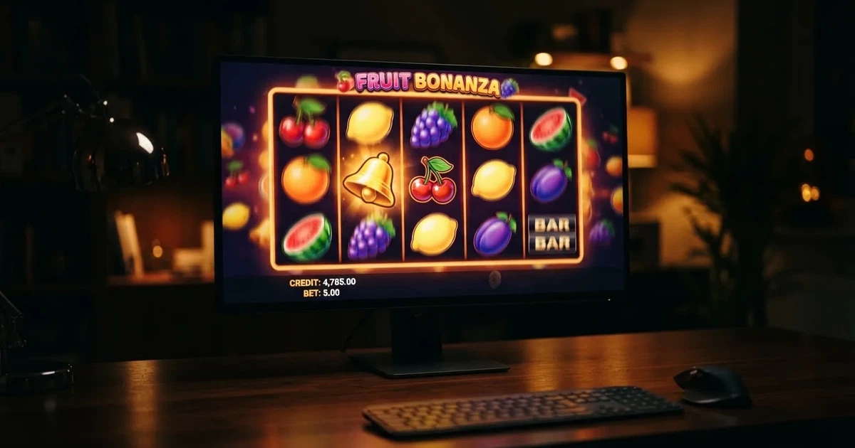 A close-up of a slot reel display shown on a monitor, no other windows open.