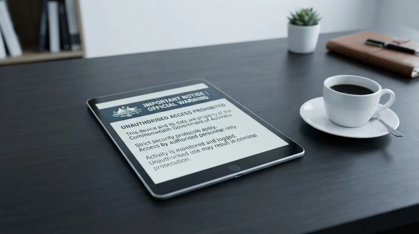 A tablet on a desk displays a plain government-style warning notice page, with a coffee cup beside it.