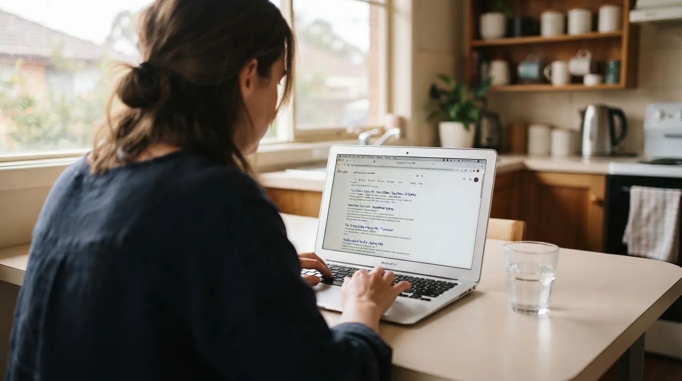 A person sits at a kitchen table, scrolling a laptop showing a general search results page about withdrawal speed claims.