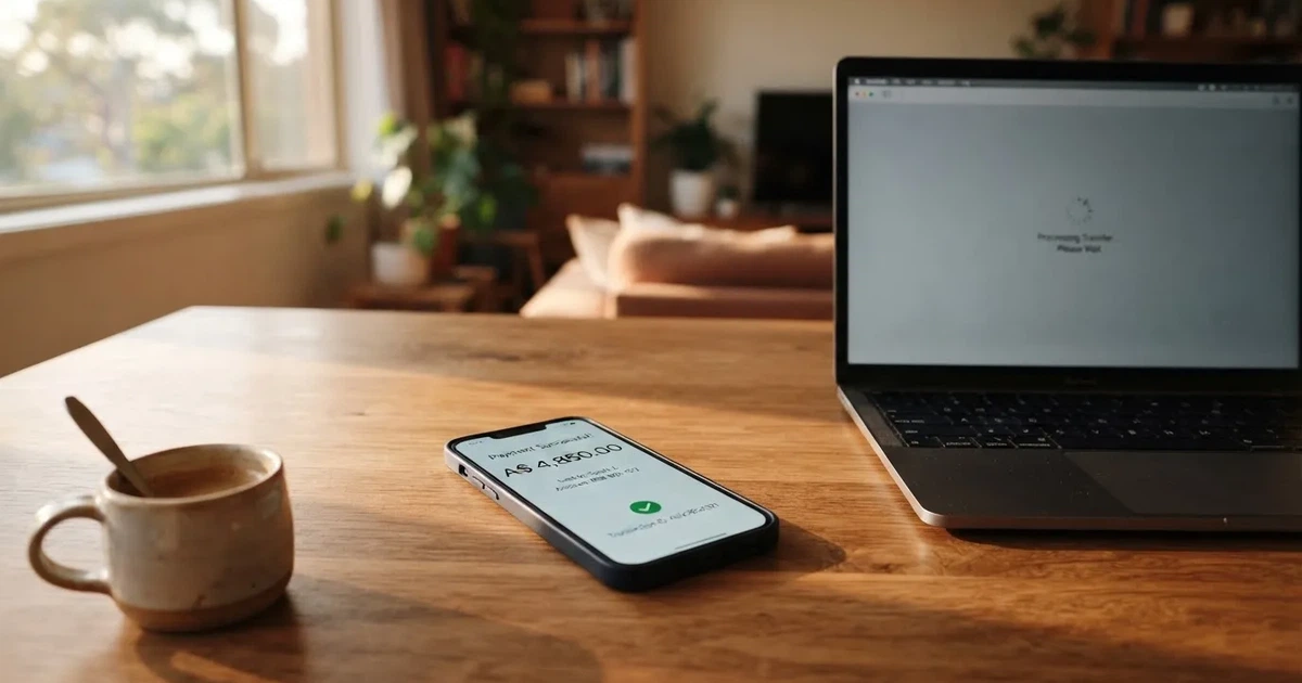 Close-up of a smartphone banking app open beside a laptop on a home desk, mid-transfer.