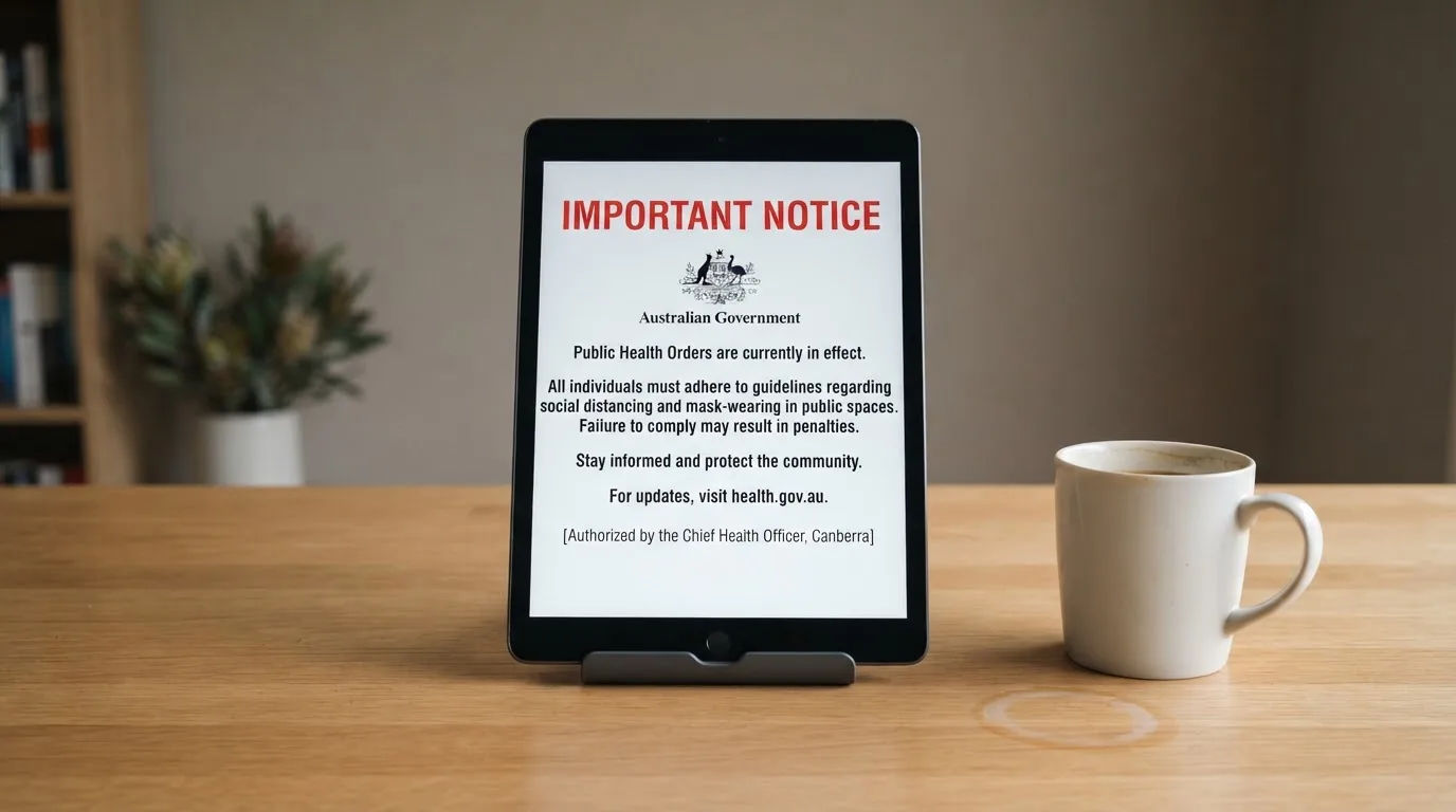 A tablet on a desk displays a plain government-style warning notice page, with a coffee cup beside it.