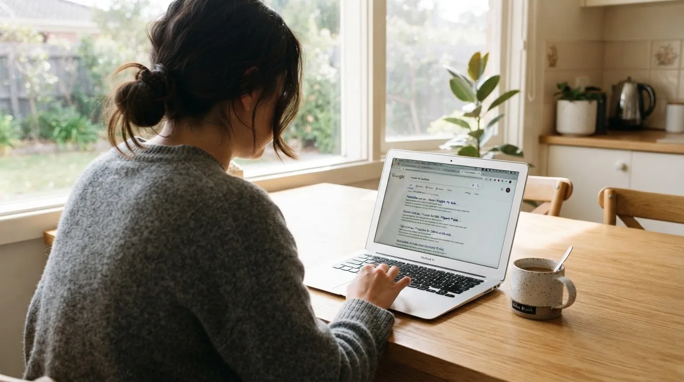 A person sits at a kitchen table, scrolling a laptop showing a general search results page about real-cash pokies claims.
