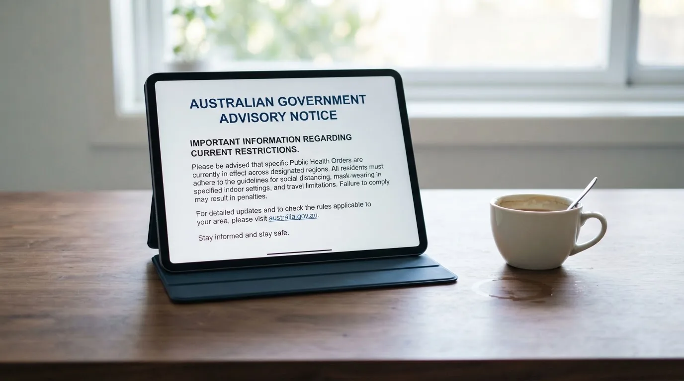A tablet on a desk displays a plain government-style warning notice page, with a coffee cup beside it.