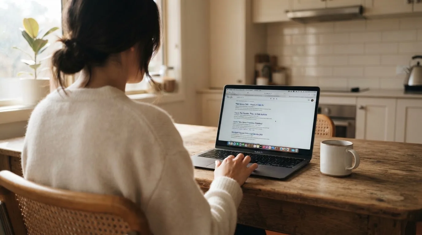 A person sits at a kitchen table, scrolling a laptop showing a general search results page about table game odds.