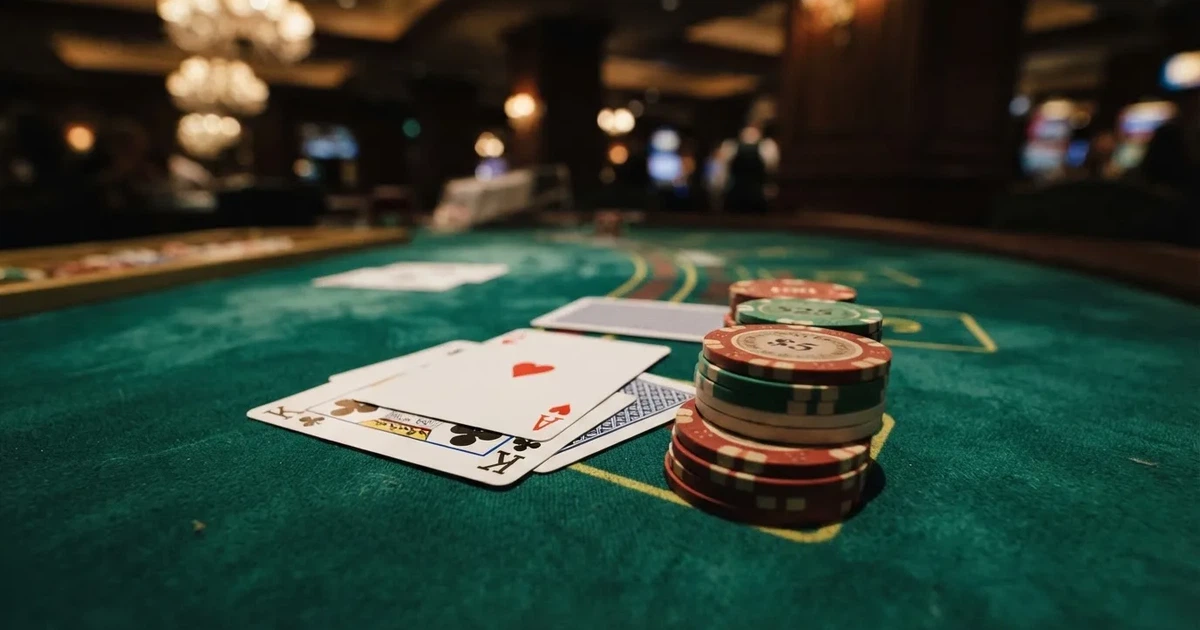 A close-up of a blackjack table felt with cards and chips laid out, no dealer or players visible.