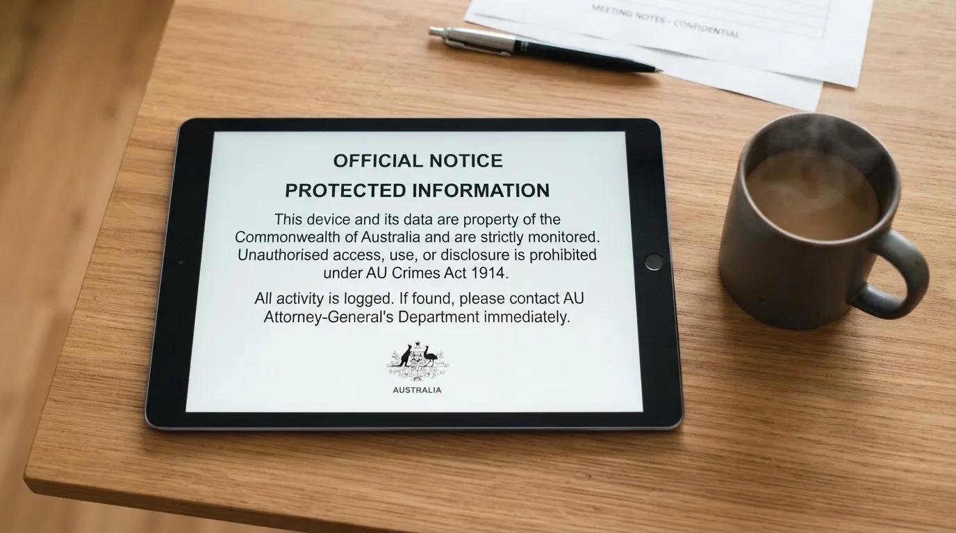 A tablet on a desk displays a plain government-style warning notice page, with a coffee cup beside it.