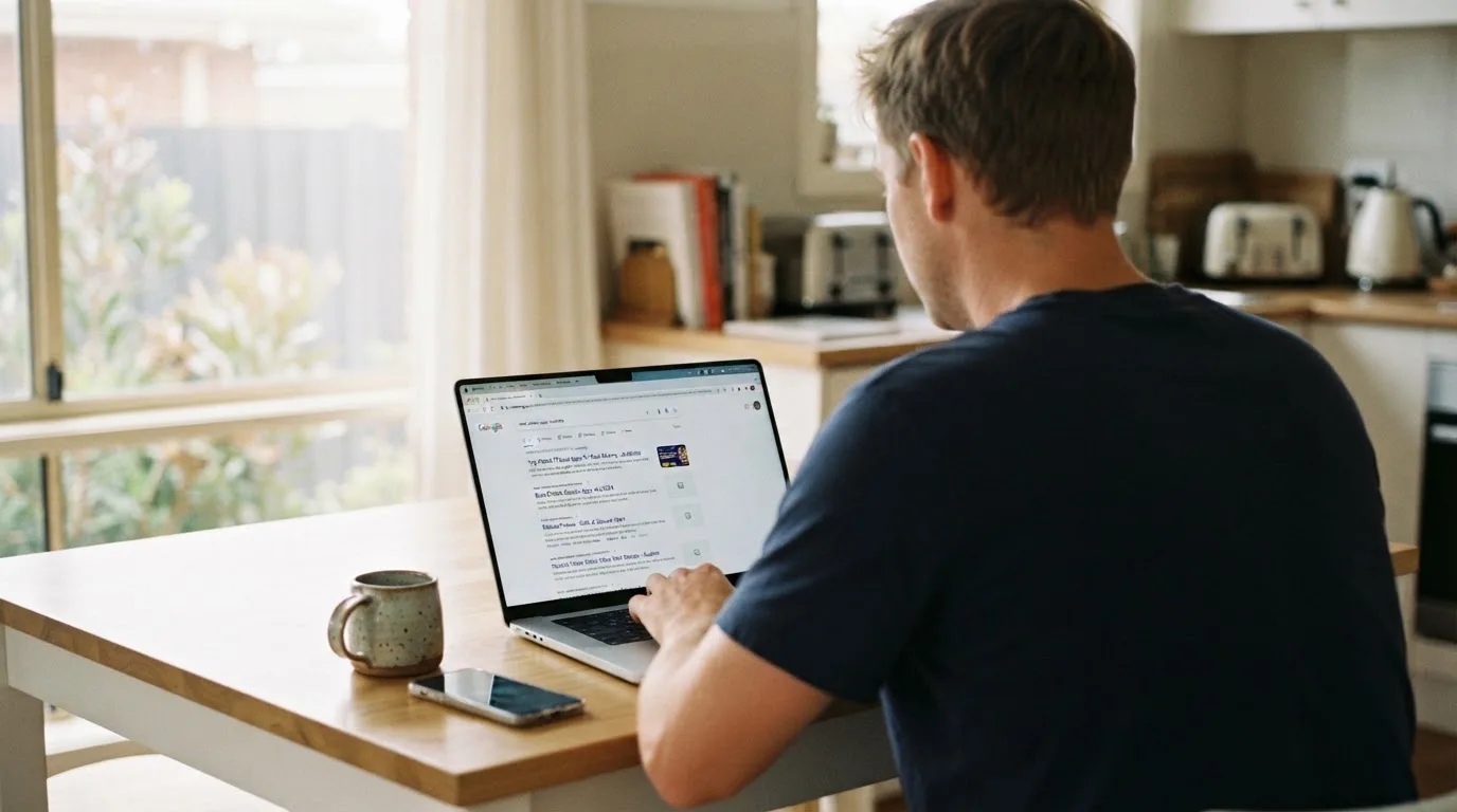 A person sits at a kitchen table, scrolling a laptop showing a general search results page about pokies apps.