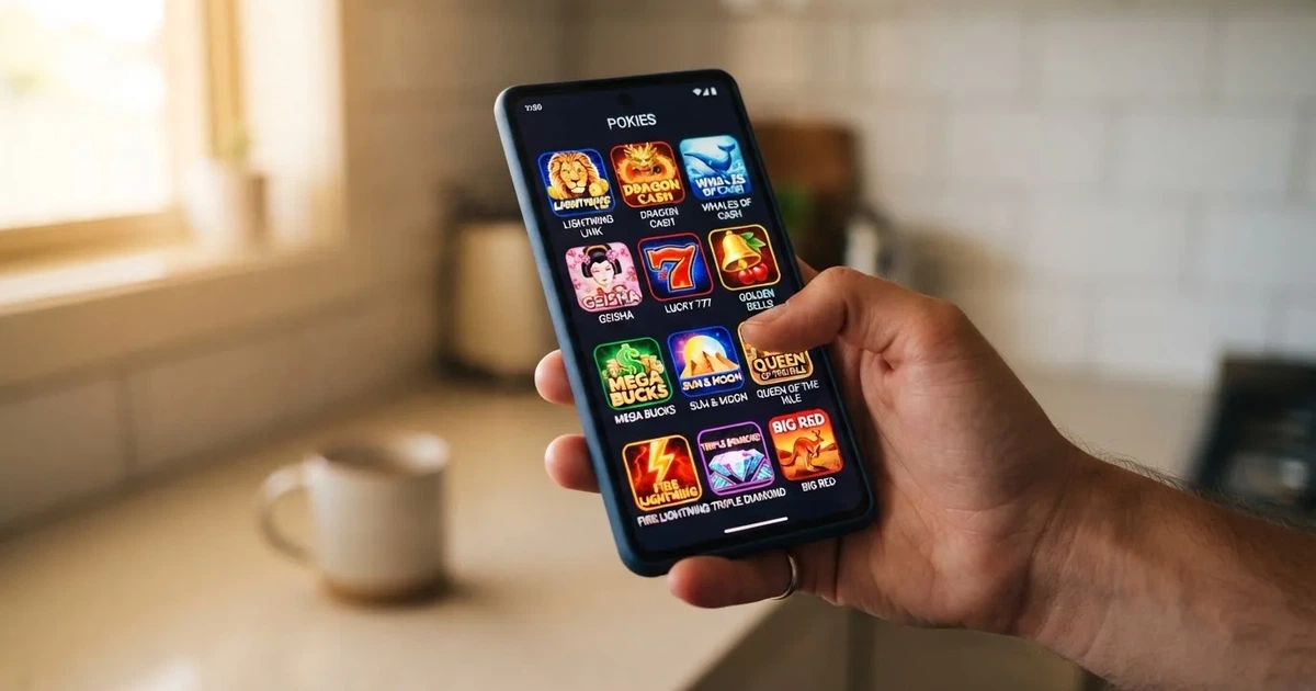 A hand holds a smartphone with an app icon grid visible on the home screen, thumb hovering over the display.