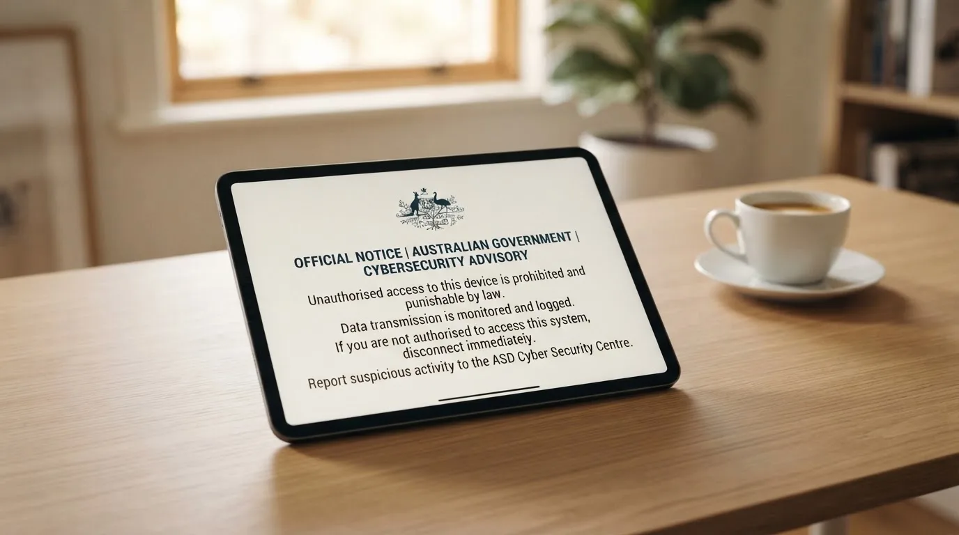 A tablet on a desk displays a plain government-style warning notice page, with a coffee cup beside it.