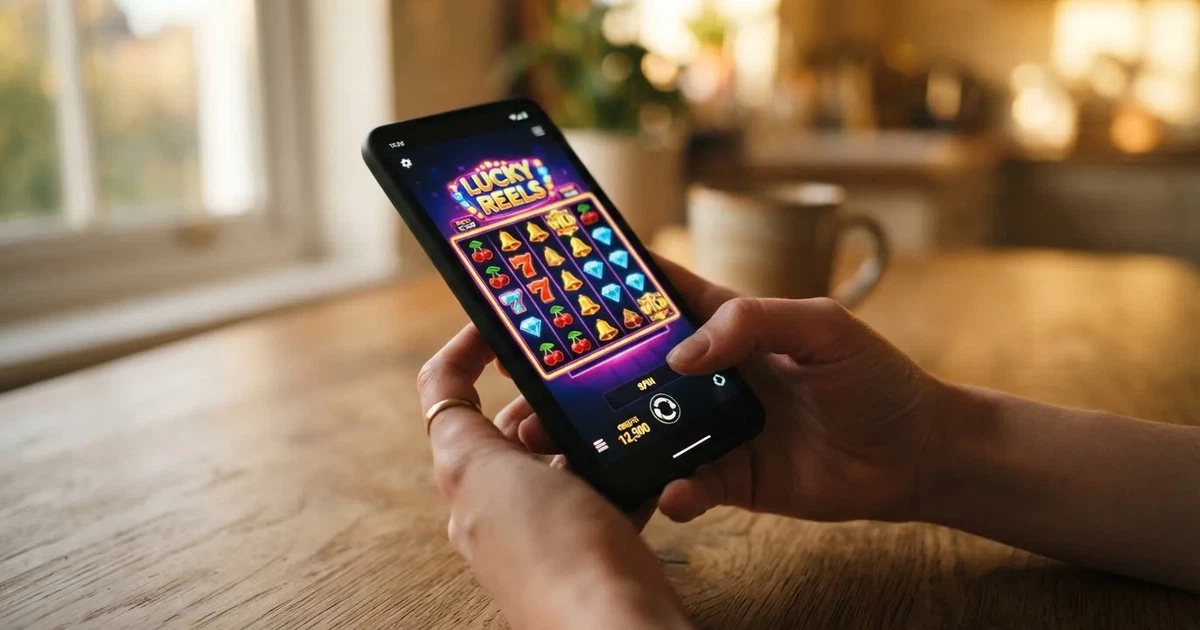 A hand holds a smartphone with an app icon grid visible on the home screen, thumb hovering over the display.