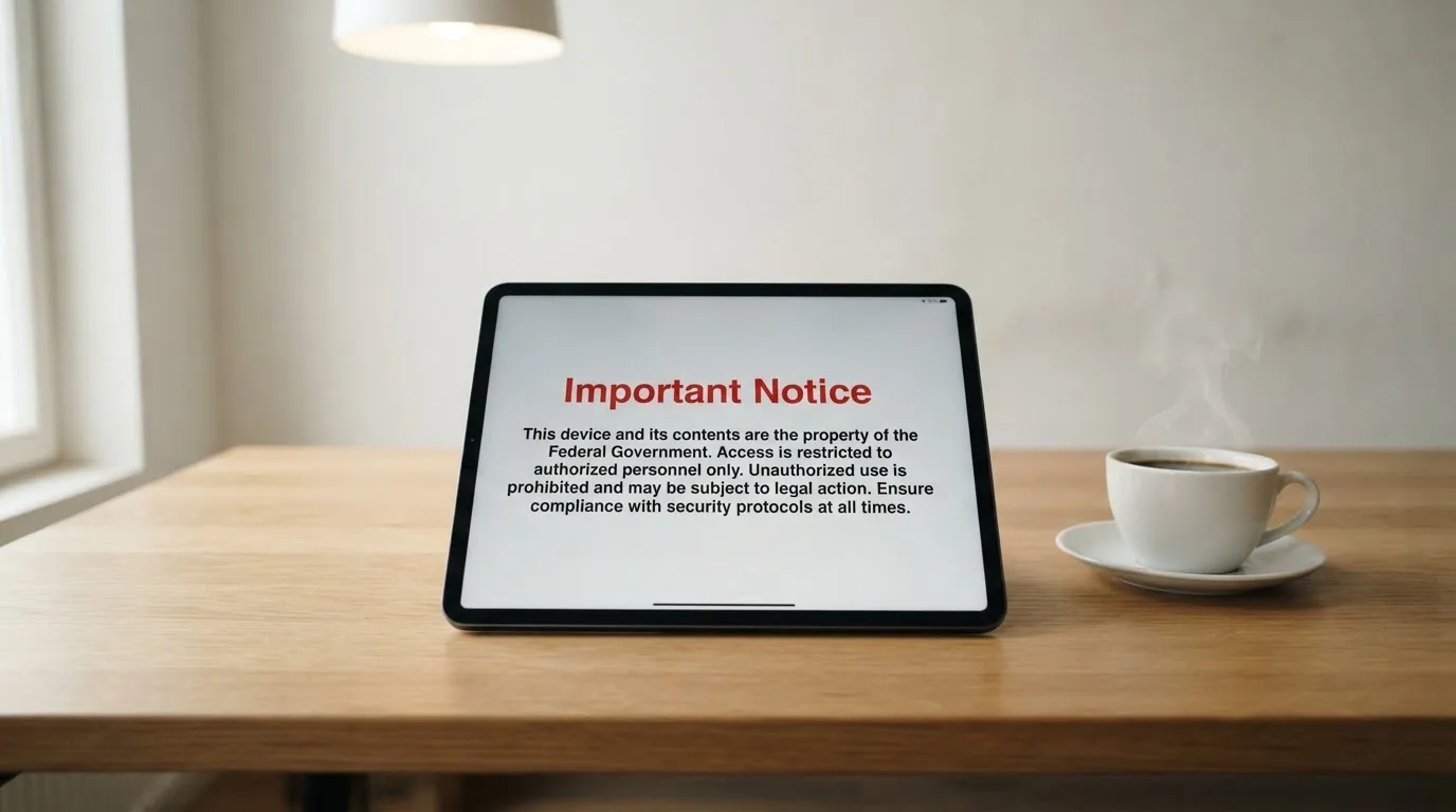 A tablet on a desk displays a plain government-style warning notice page, with a coffee cup beside it.
