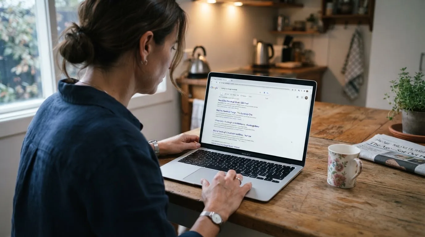A person sits at a kitchen table, scrolling a laptop showing a general search results page about casino safety claims.