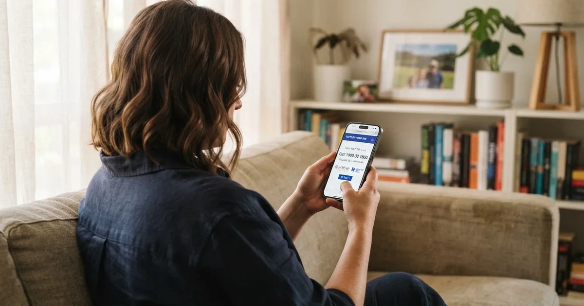 A person looks at a support-helpline page on a phone while sitting alone on a sofa.