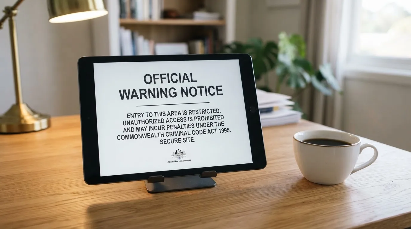 A tablet on a desk displays a plain government-style warning notice page, with a coffee cup beside it.